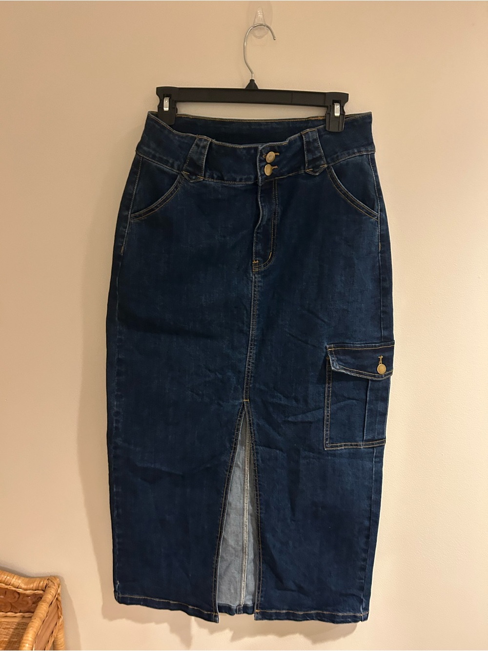 Cider Dark Blue Denim Midi Skirt with Front Slit